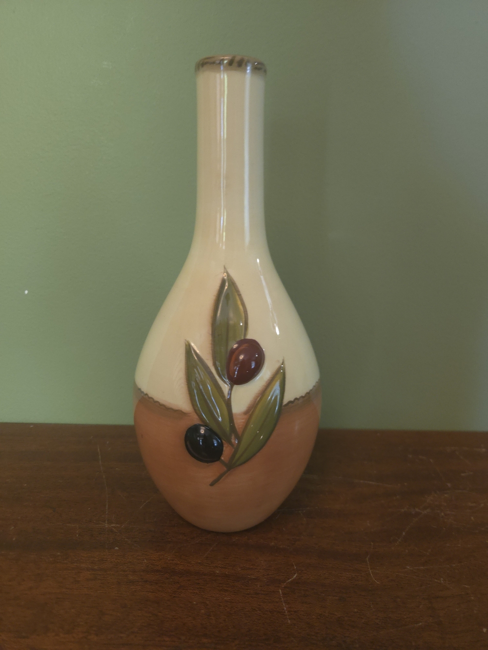Coldwater Creek Hand Ceramic Olive Motif Decorative Vase in Cream and Terracotta